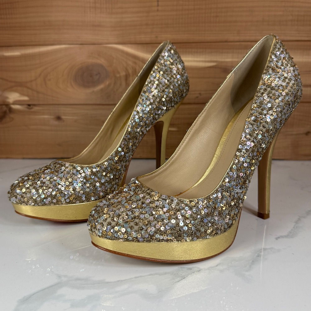 Joan & David Gold Sequin Platform Pumps Round Toe Stiletto Heels Women 7.5 M